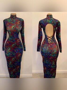 J Lorraine Designs Peacock Print Open Back Lace Up Maxi Dress Small